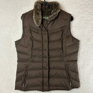 Eddie Bauer Vest Womens‎ Medium Brown Goose Down Puffer Quilted Faux Fur Collar